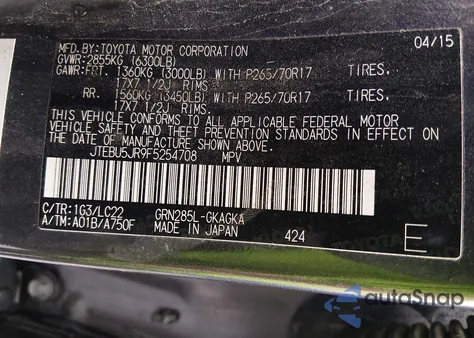 2015 Toyota 4Runner Trail Premium from USA, damaged, VIN JTEBU5JR9F5254708